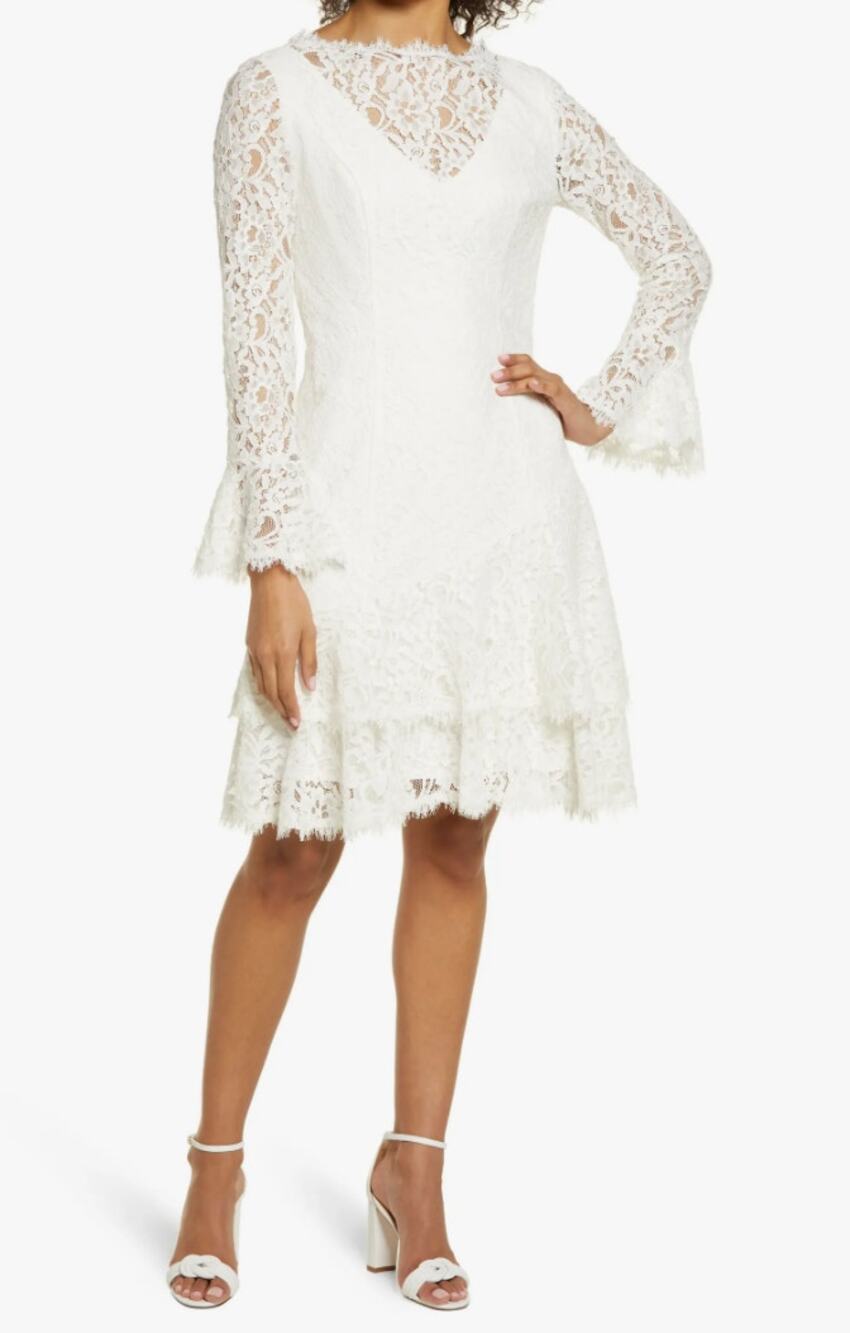 Shani Long Sleeve Tiered Lace Dress White Size 4 Bell Sleeve A-Line Party